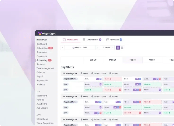 Screenshot of Viventium's scheduling interface displaying day shifts, staffing details, and calendar filters for nursing shifts.